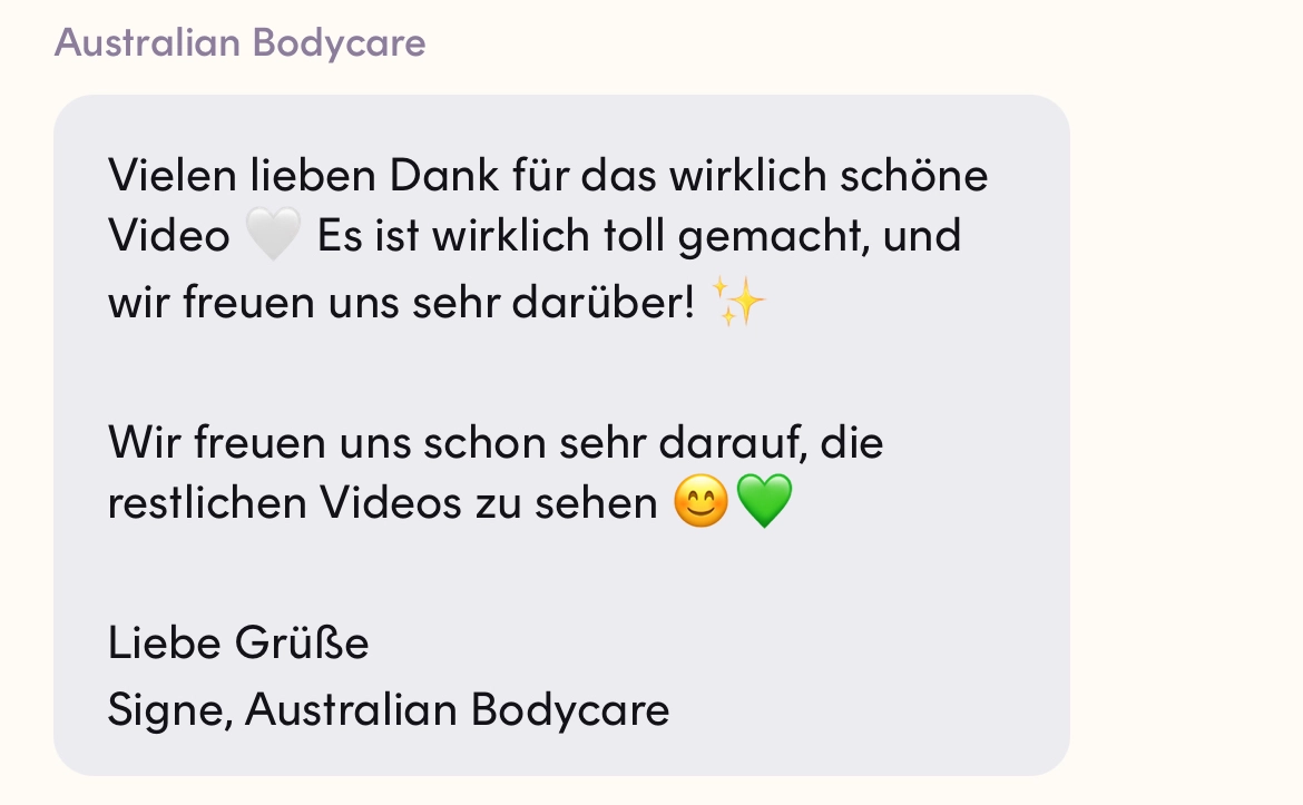 Screenshot of a message from Australian Bodycare, received via Dreaminfluence