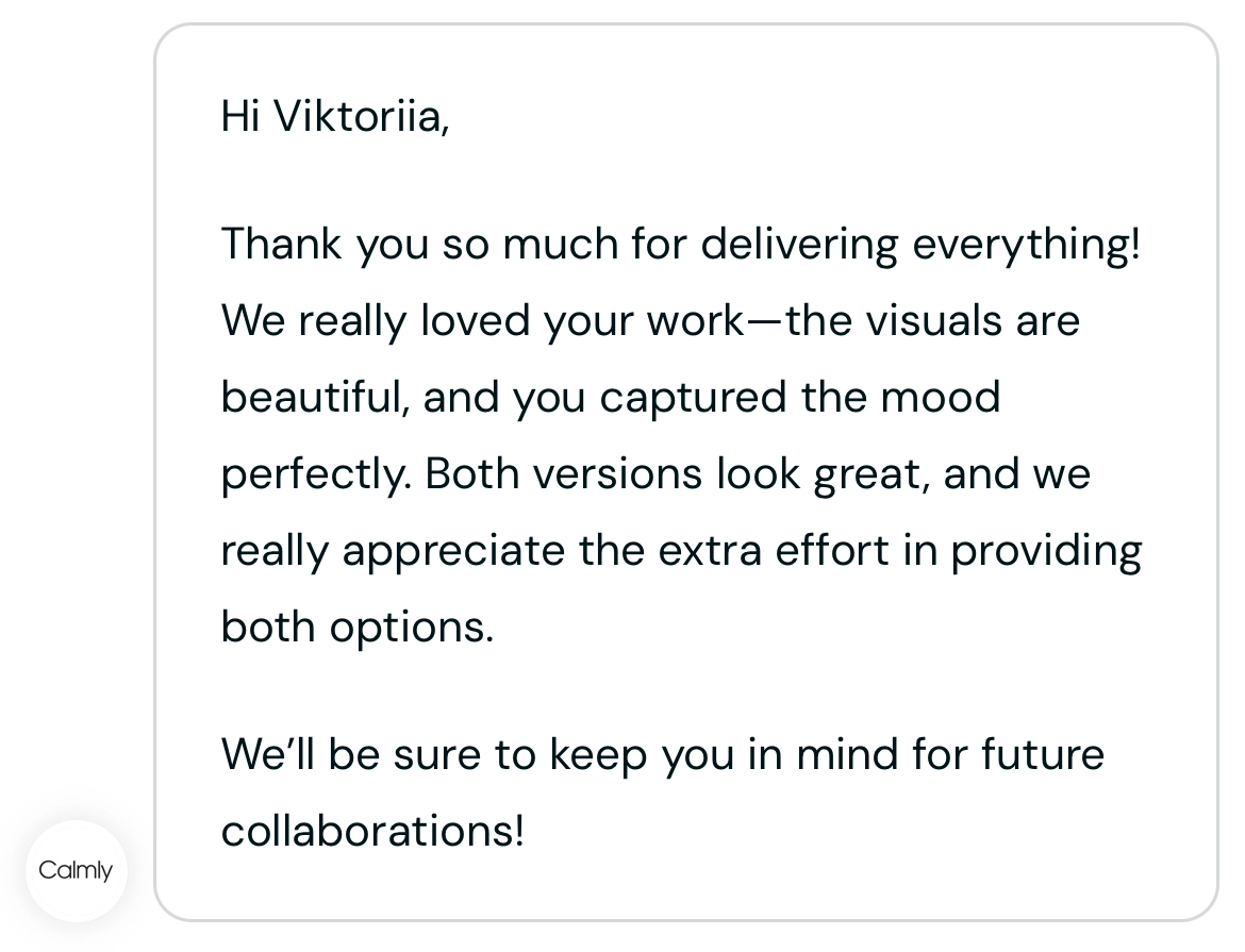 Screenshot of a message from Calmly, received via Insense