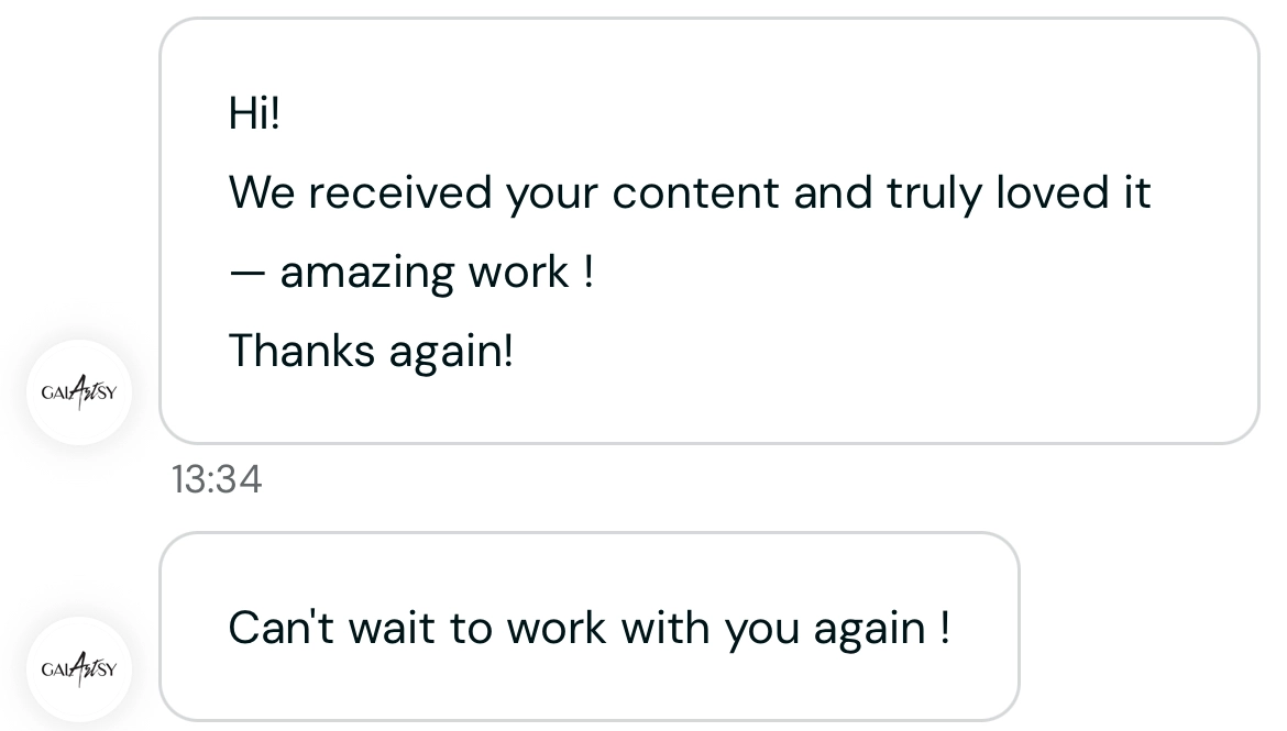 Screenshot of a message from Galartsy, received via Insense