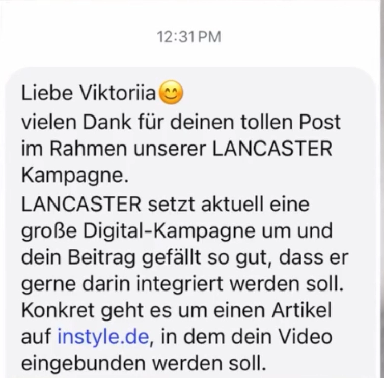 Screenshot of a message from Lancaster, received via Brands You