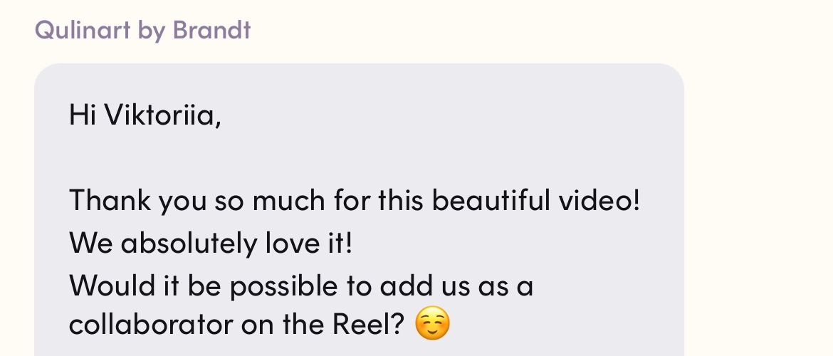Screenshot of a message from Qulinart by Brandt, received via Dreaminfluence