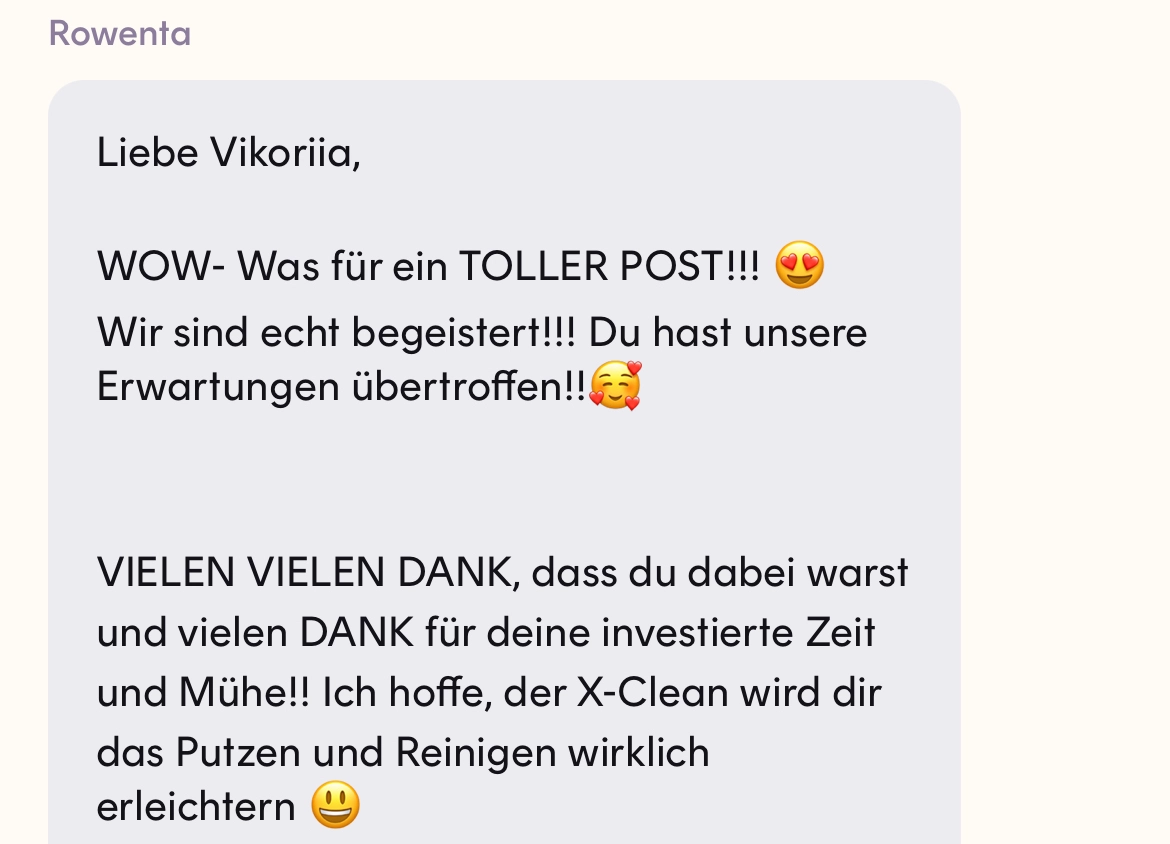 Screenshot of a message from Rowenta, received via Dreaminfluence