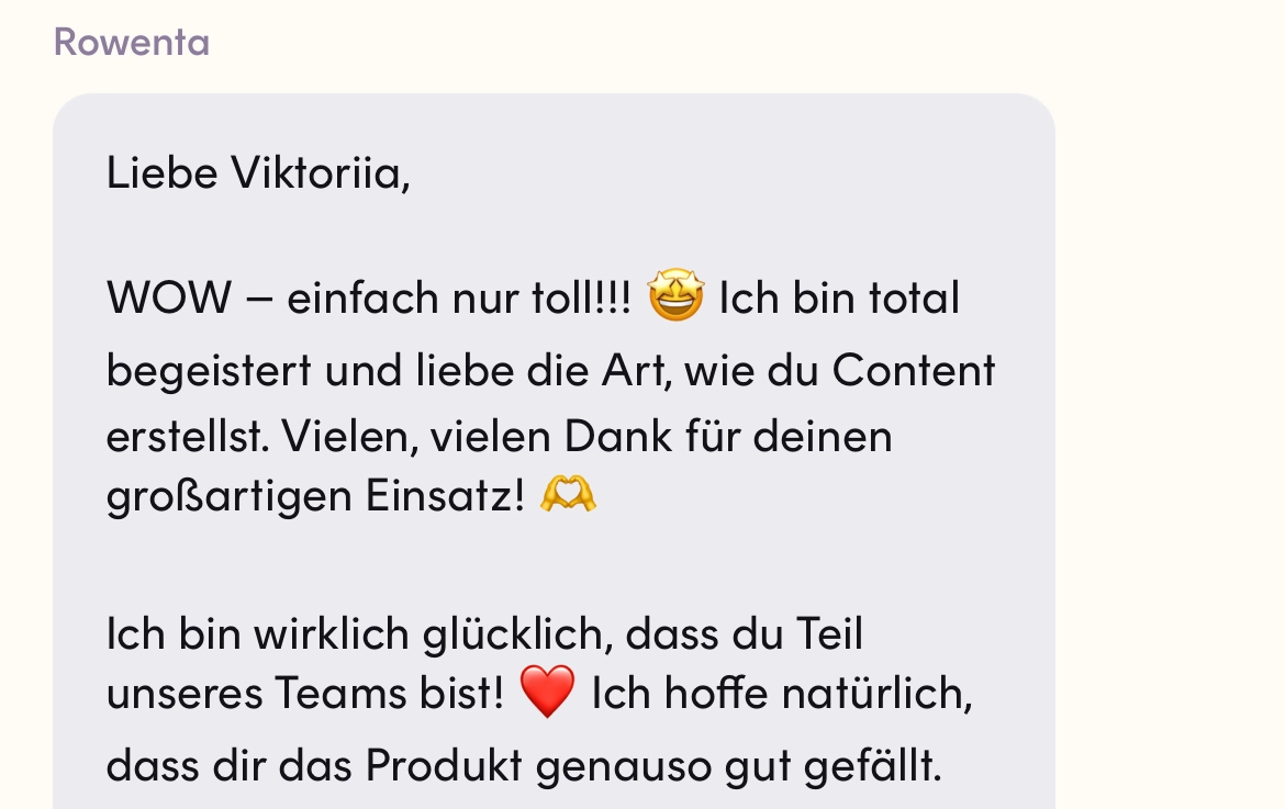Screenshot of a message from Rowenta, received via Dreaminfluence