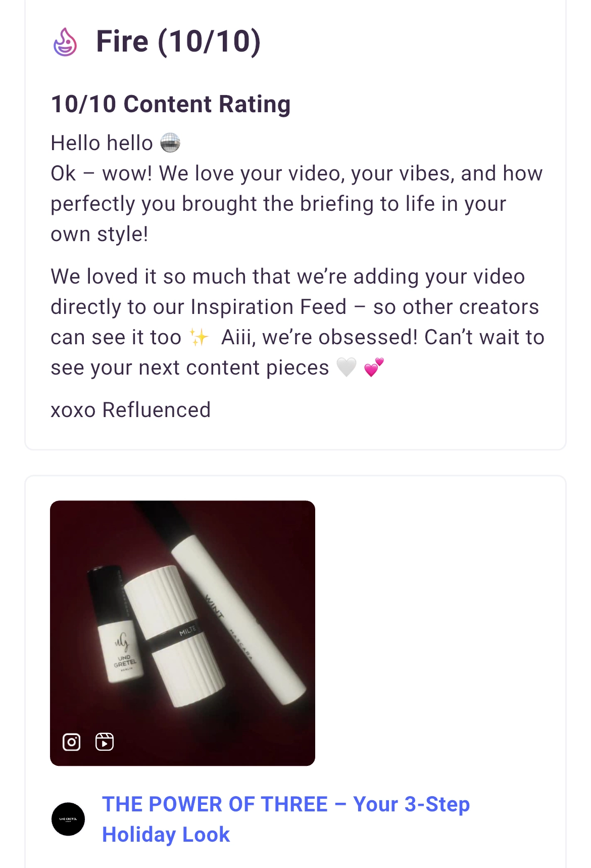 Screenshot of a message from UND GRETEL, received via Refluenced