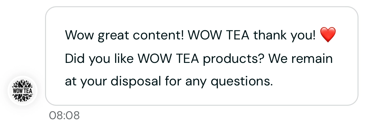 Screenshot of a message from WOW Tea, received via Insense